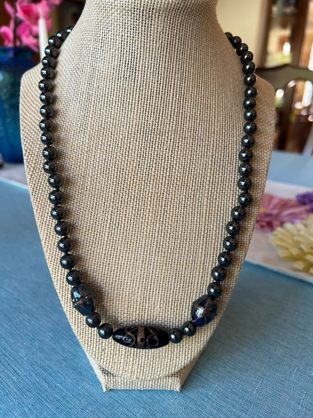 22” hematite necklace with Murano wedding cake beads sterling clasp